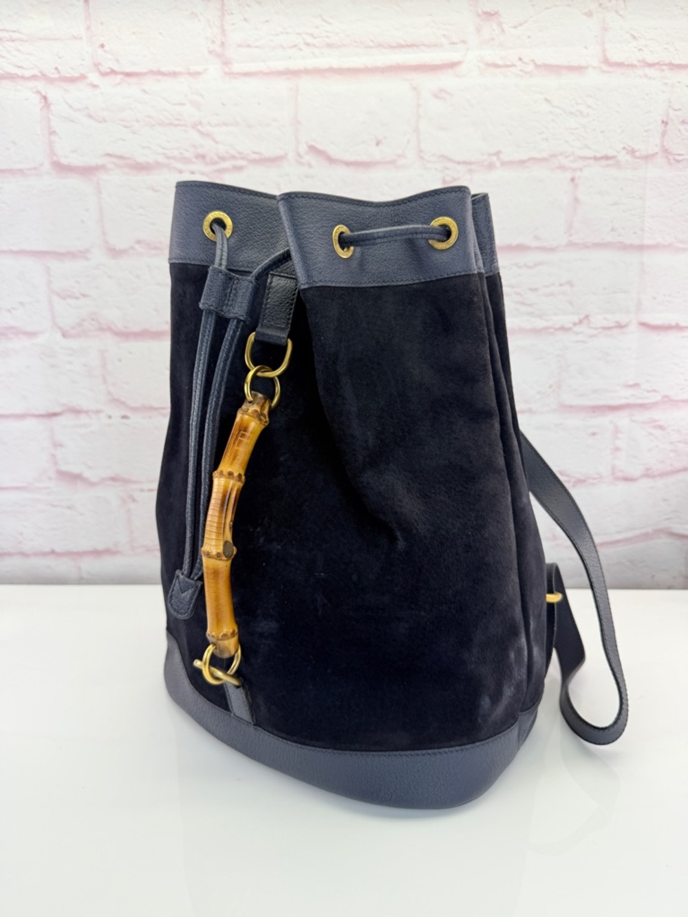 Gucci Navy Suede Bamboo Vintage Drawstring Backpack